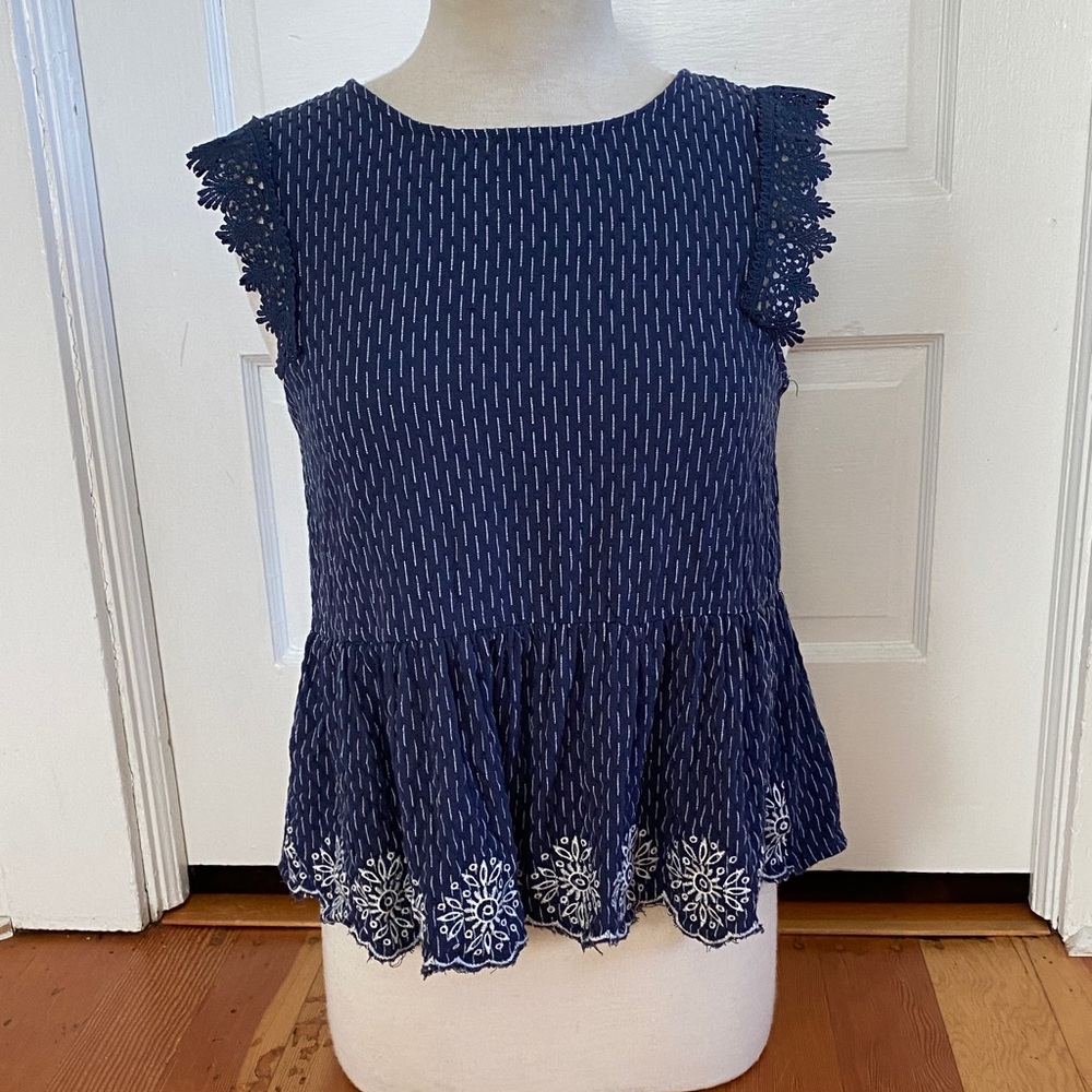 Mine Sleeveless Navy‎ Blue Peplum Top with Embroidery and Lace Detail Medium